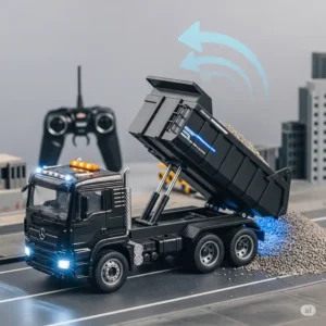 A high-tech remote control dump truck toy demonstrating its dumping action.