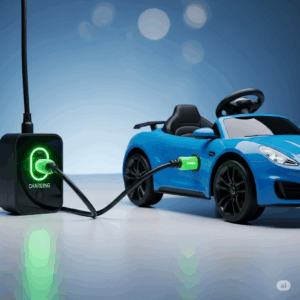 A remote operated ride on car plugged in and charging, with a charging indicator light visible.