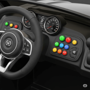 Detailed view of the dashboard of a remote operated ride on car, showing the steering wheel, buttons, and speedometer.