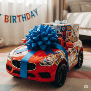 A beautifully wrapped remote operated ride on car with a bow, presented as a gift for a child's birthday.