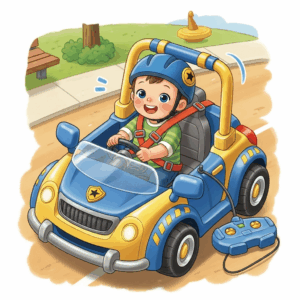 An illustration depicting a child securely buckled into a remote operated ride on car, emphasizing safety features.