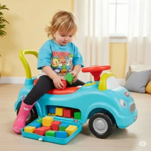 A 2-year-old filling the under-seat storage of a colorful ride-on car with small blocks, highlighting practical features for young children.