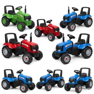 Collection of various colored ride-on tractor toys, including green, red, and blue models.
