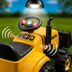 Close-up of a ride-on tractor toy with flashing lights and working sound effects engaged.