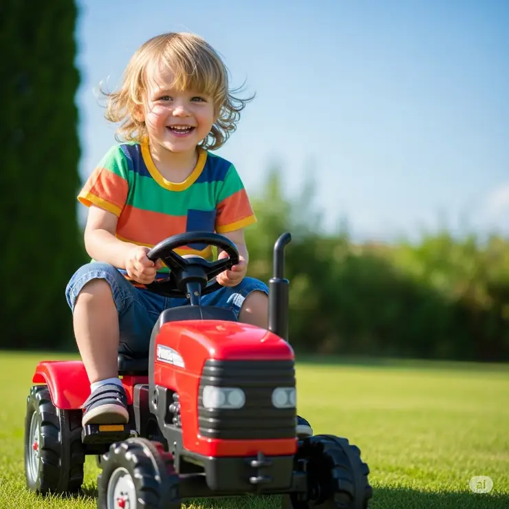 Young child happily driving a bright red ride-on tractor toy outdoors, smiling.