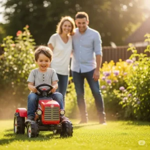 Parents smiling as they watch their child joyfully play with a new ride-on tractor toy in the backyard.