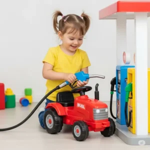 Toddler pretending to refuel their ride-on tractor toy at a miniature play gas station.