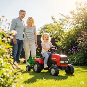 Visual representation highlighting the safety features of a ride-on tractor toy, such as a secure seatbelt and wide base.