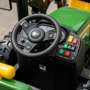 Detailed view of the steering wheel and dashboard on a realistic ride-on tractor toy for kids.