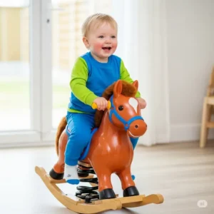 A two-year-old happily rocking back and forth on a sturdy spring-action ride-on horse toy, offering safe and engaging movement.