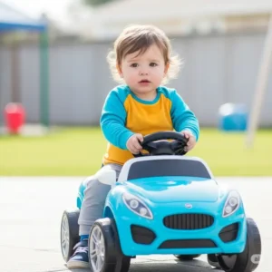 A two-year-old cautiously sitting on a low-speed, battery-powered ride-on car, designed for safe and easy operation by toddlers.