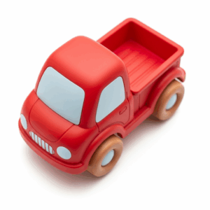 Adorable small red pickup toy truck, perfect for little hands to grasp and push.