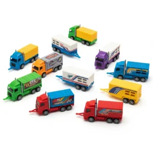 Set of small plastic trailer toy trucks, perfect for party favors or travel.