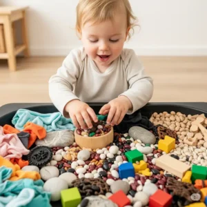 A toddler's hands exploring a sensory bin filled with various textures and loose parts, demonstrating an open-ended play activity that encourages discovery.