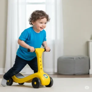A cheerful toddler boy in a blue shirt pushing himself along on a yellow push-and-scoot ride-on toy, ideal for developing balance in 2-year-olds.