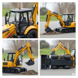 Multiple views of a realistic toy backhoe, highlighting its detailed design and articulating parts.