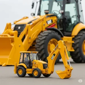 A miniature backhoe toy placed beside a large, yellow real backhoe, illustrating the inspiration behind the backhoe toy.