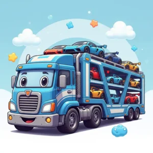  Illustration of a toy car hauler trailer truck carrying miniature sports cars.