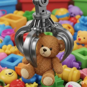 Close-up illustration of a metal toy crane claw successfully gripping a fluffy brown teddy bear from a pile of toys