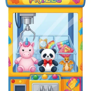 Illustration showcasing a variety of desirable prizes, including plush animals and small trinkets, neatly arranged within a toy crane claw machine.