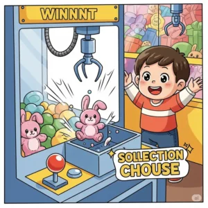 Joyful illustration depicting a winning moment at a toy crane claw machine, with a prize being dropped into the collection chute.