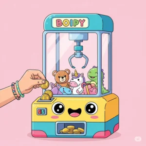 Illustration showing coins being inserted into a slot on a toy crane claw machine, ready to start a game.