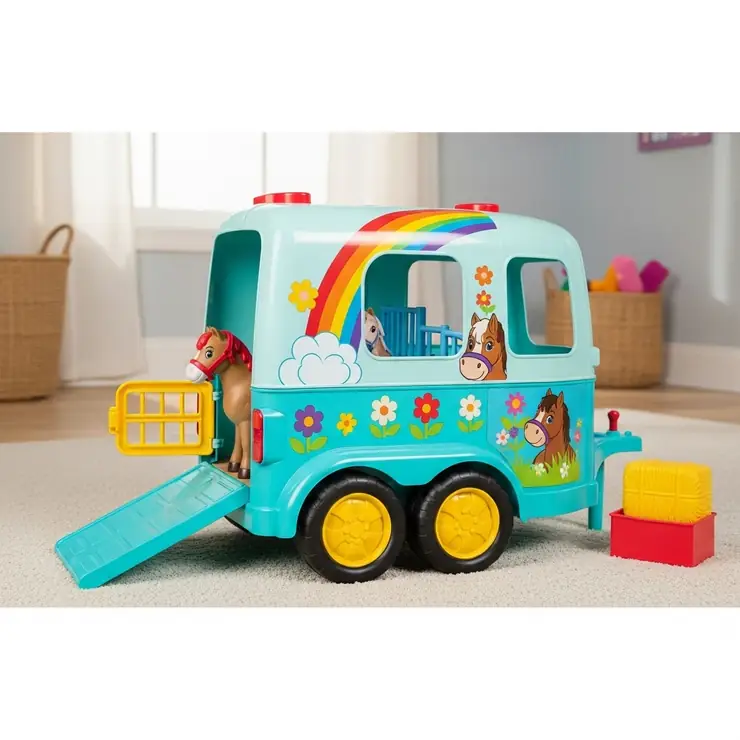 A bright and colorful toy horse trailer designed for children to play with their toy horses.