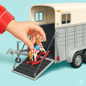 A toy horse being loaded into a toy horse trailer by a child's hand.
