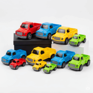 A set of colorful miniature pickup toy trucks in different sizes, great for gifting.