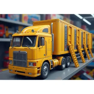 Detailed illustration of a yellow toy semi-truck with a long cargo trailer attached.