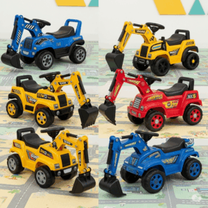 An assortment of different colored and styled digger sit-on toys, showcasing options for children.