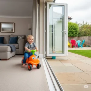 A 2-year-old transitioning from an indoor living room to an outdoor patio with a durable ride-on toy, showcasing its suitability for various environments.