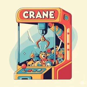 Stylized illustration of a vintage toy crane claw arcade game, reminiscent of classic carnival attractions, with retro design elements.