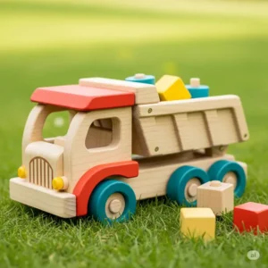 Handcrafted wooden dump truck toy, an eco-friendly option for toddlers.
