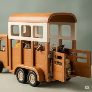 Handcrafted wooden toy horse trailer for pretend play with toy animals.