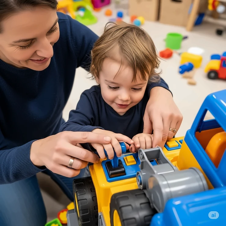 Adult guiding a child's hand to operate a large toy truck, showcasing educational play and shared moments with quality toy big trucks.
