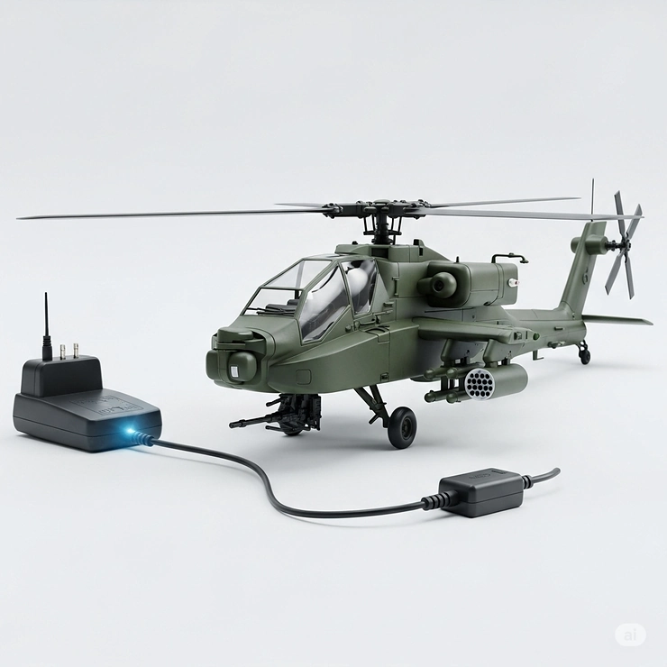 An Apache toy helicopter connected for charging, highlighting its convenient power options for extended playtime.