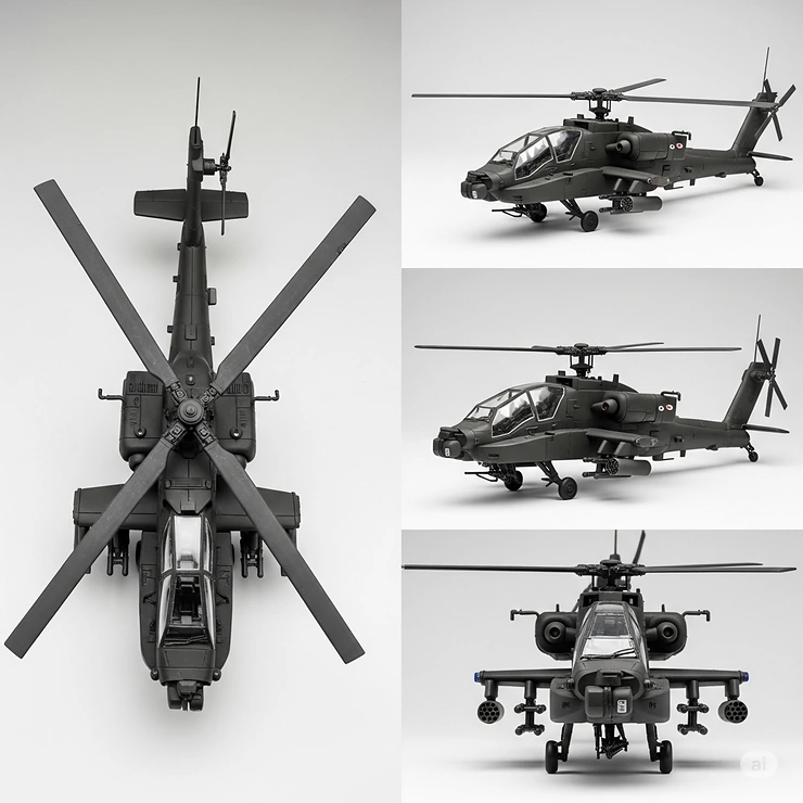 Various angles of an Apache toy helicopter, showing its sleek design from the top, side, and front.