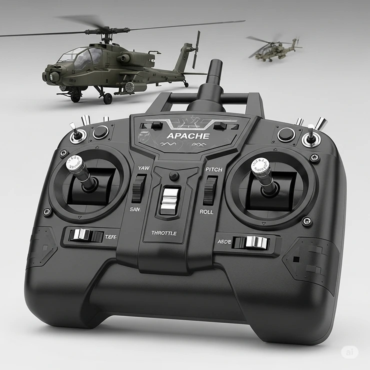 The ergonomic remote control unit designed specifically for operating an Apache toy helicopter, showing its features.