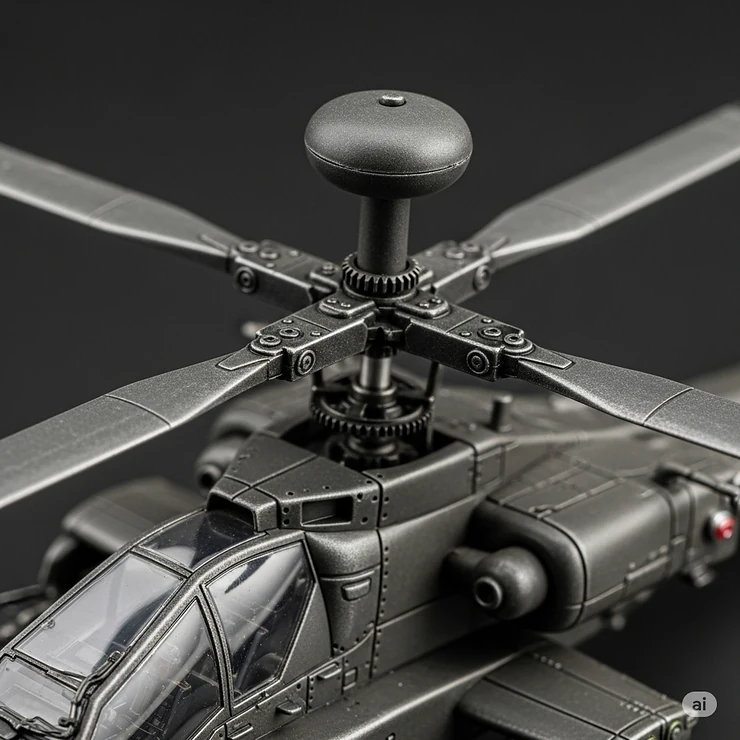 Close-up view of the intricate rotor blades on an Apache toy helicopter, highlighting the detailed engineering.