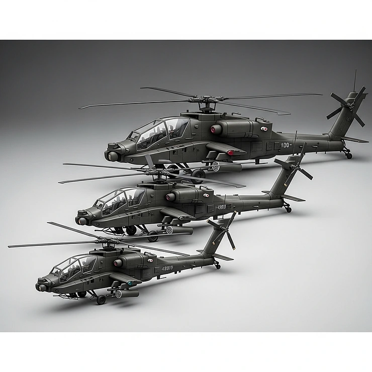 Comparing different sizes of Apache toy helicopters, illustrating the range of models available.