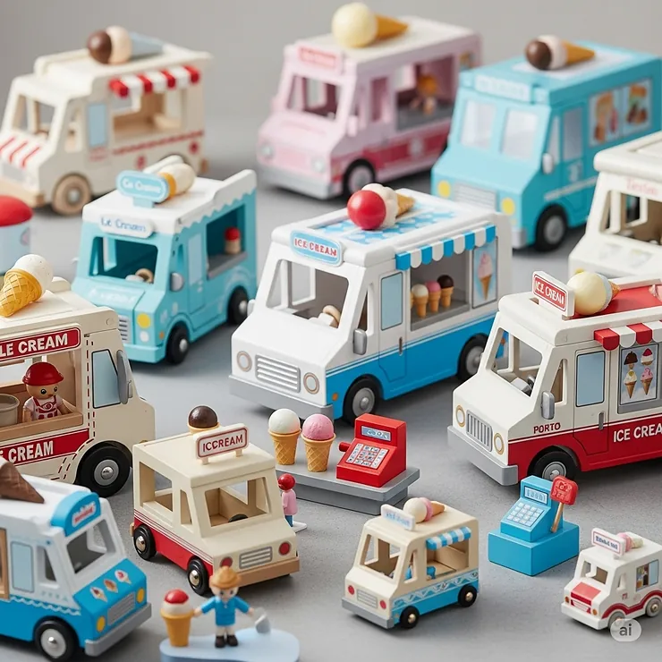 A diverse collection of various ice cream truck toys, demonstrating different styles and sizes available for imaginative play.