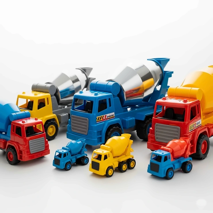 A collection of colorful toy concrete mixer trucks in various sizes, perfect for group play and collecting.