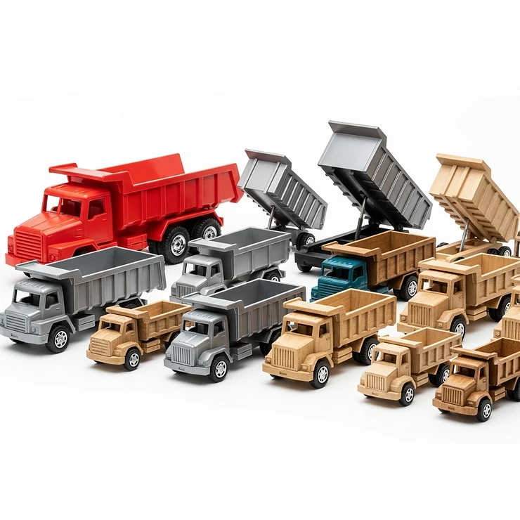 An array of toy dump trucks in various sizes and materials, including plastic, metal, and wooden designs, showcasing their diversity.