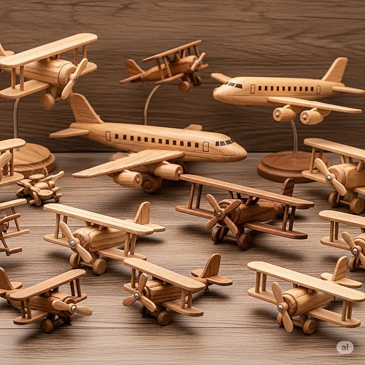 An assortment of various sized wooden toy airplanes, from small propeller planes to larger passenger models, all showcasing their natural wood grains.