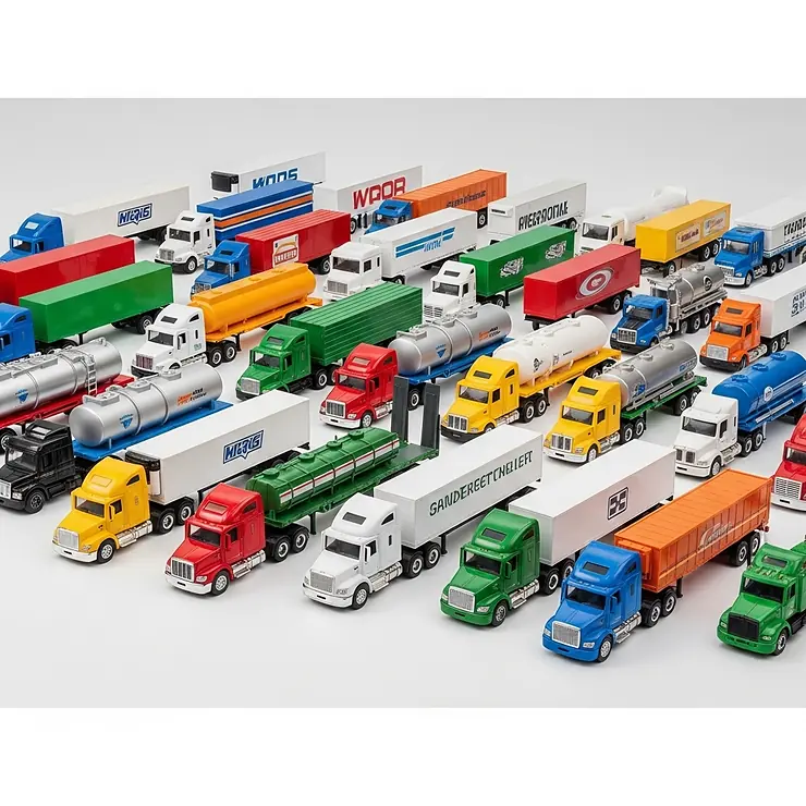 A diverse collection of various toy semi trucks with trailers of different types and colors, neatly arranged, showing variety available.