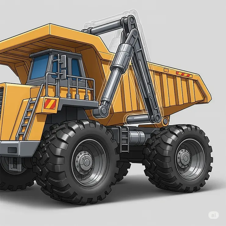 Close-up illustration showcasing the functional features of the biggest toy dump truck, including its large, sturdy tires and articulated dump bed.