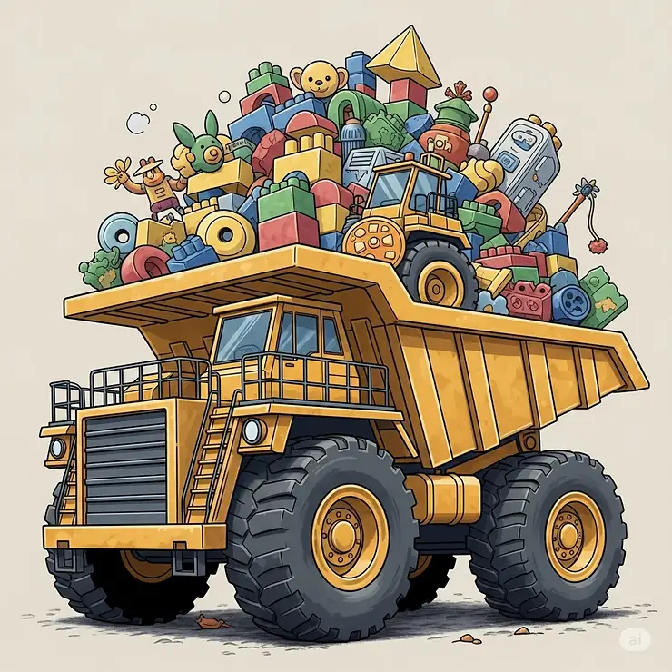 Detailed illustration of the biggest toy dump truck with its bed full of colorful building blocks and other toys, emphasizing its large hauling capacity.