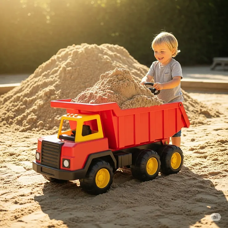 An impressive, oversized toy dump truck actively being used in a sandy outdoor play area, showcasing its ability to transport large loads.