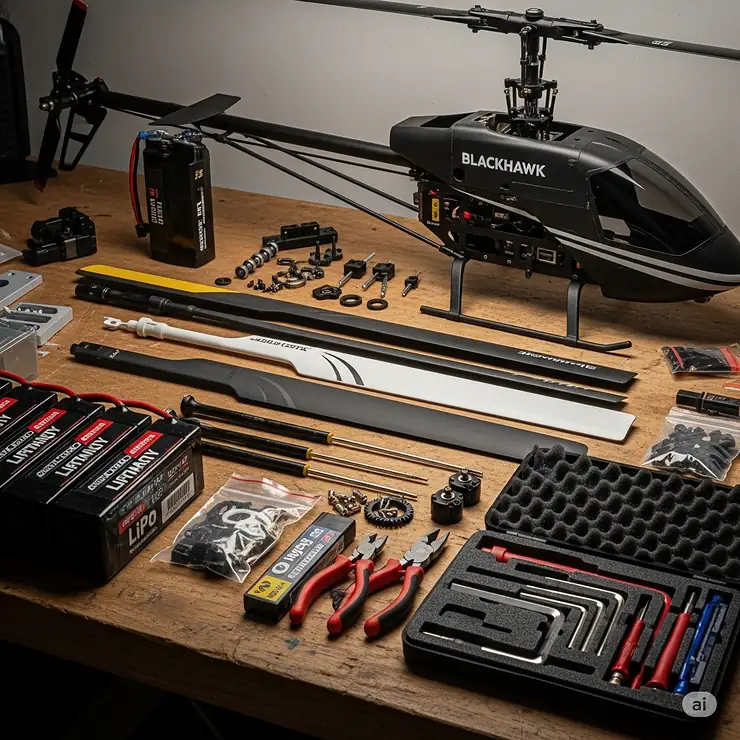 Assortment of essential Blackhawk RC helicopter accessories and spare parts, including extra batteries, tools, and replacement rotor blades.